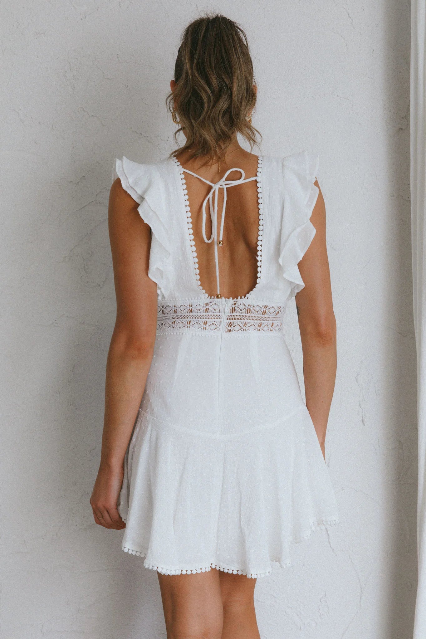 Idyllwild Ruffle Shoulder Mini Dress Off White