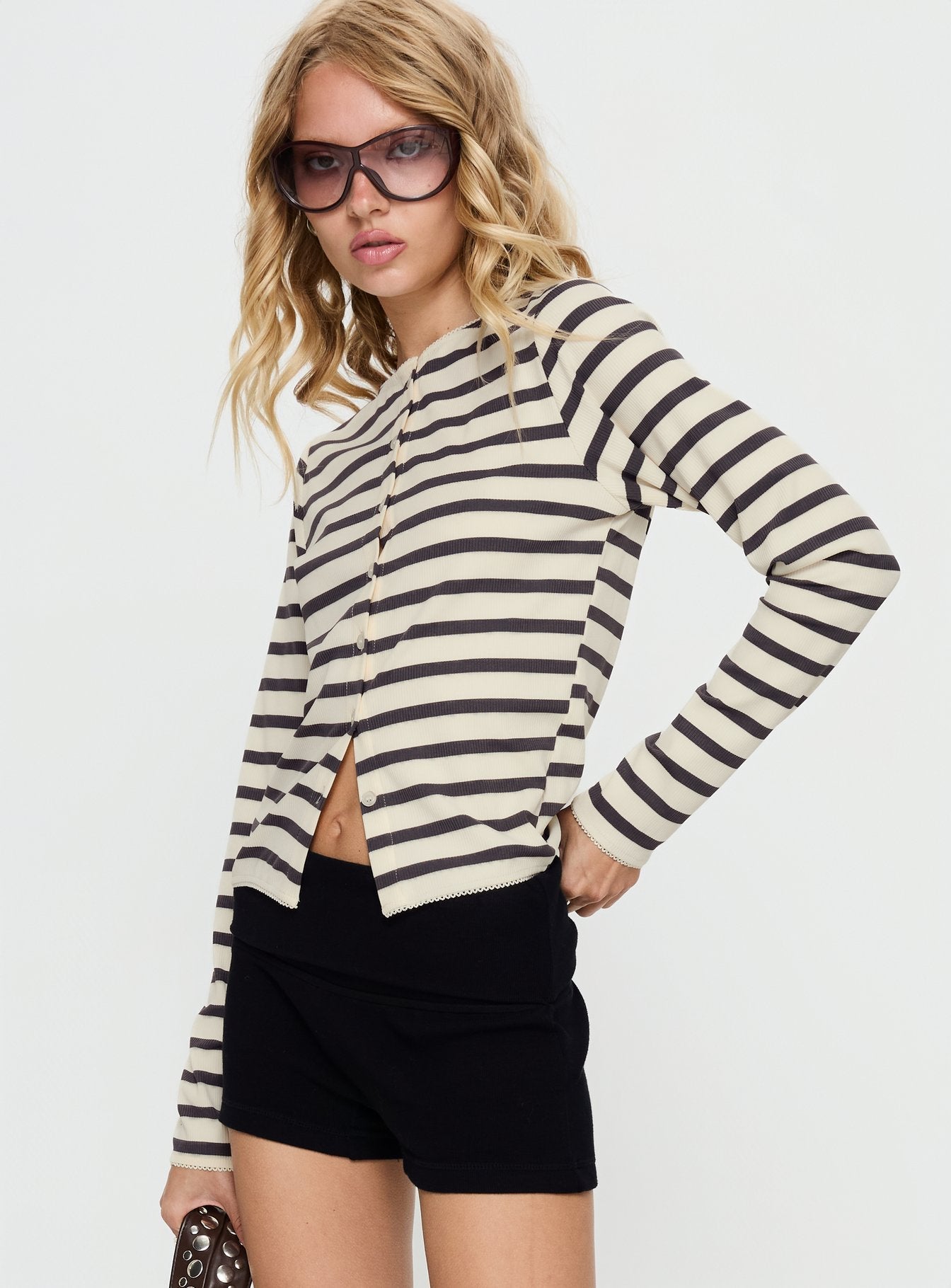 Marvella Button Up Long sleeve Top Dark Grey / Cream Stripe