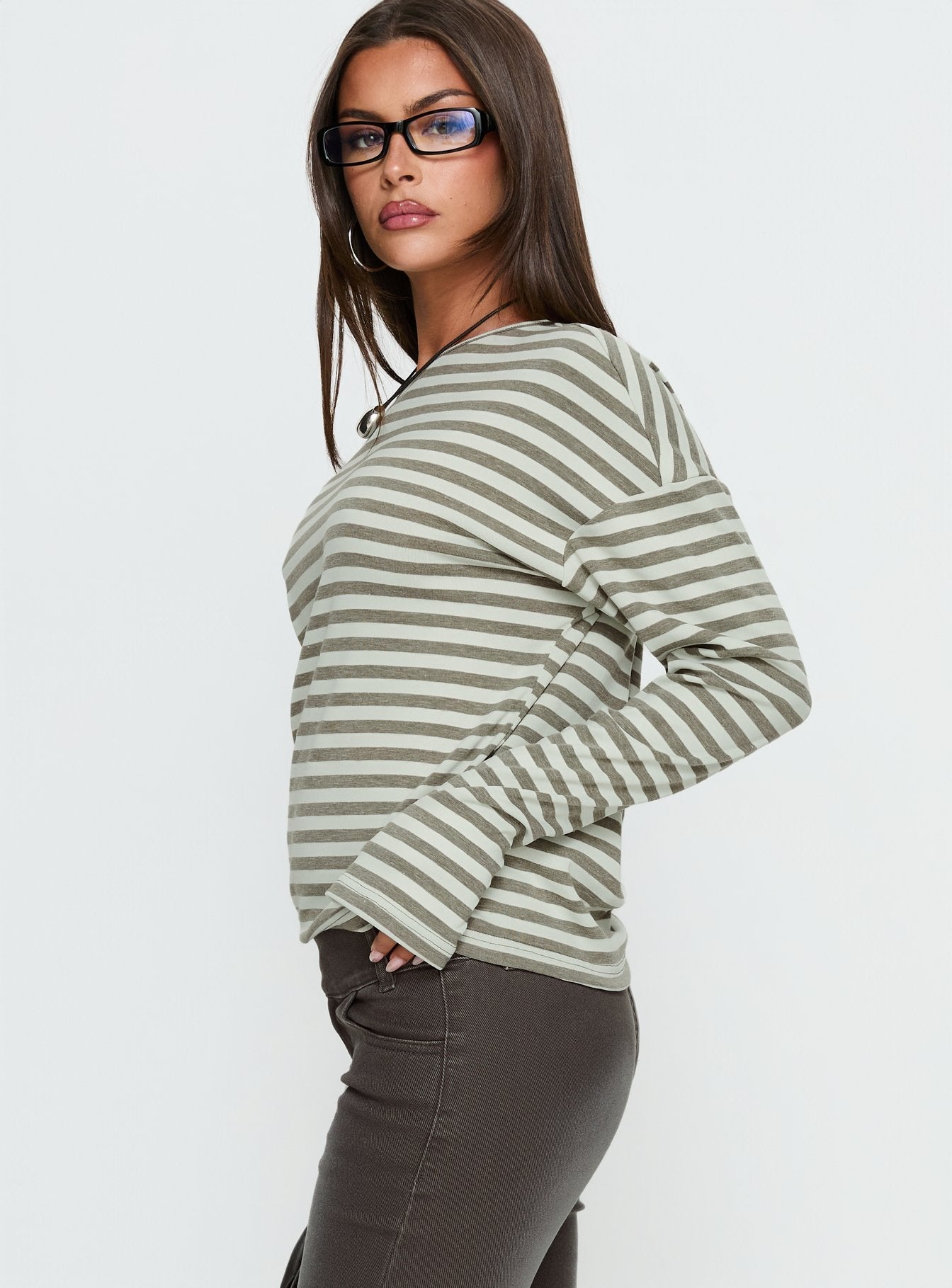 Lenorah Off Shoulder Long Sleeve Top Grey Stripe