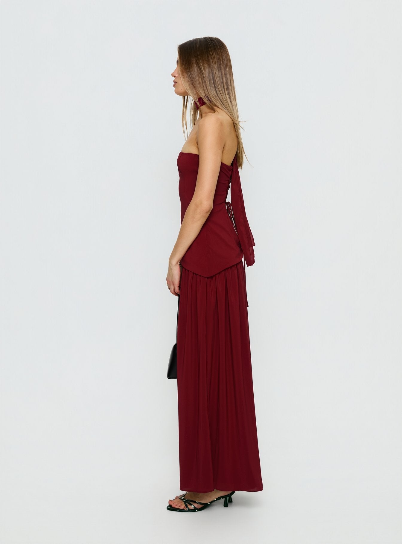 Odela Strapless Scarf Drop Waist Maxi Dress Cherry