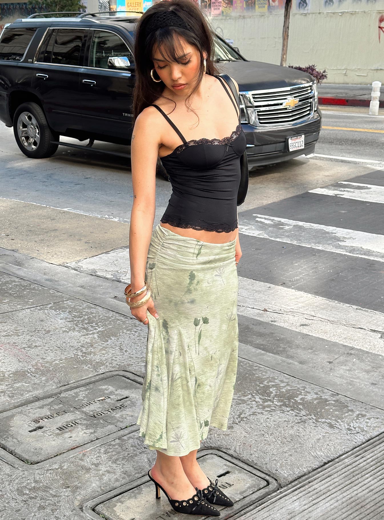 Lewish Low Rise Midi Skirt Green Floral