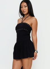 Nidia Eyelet Tie Neck Romper Black