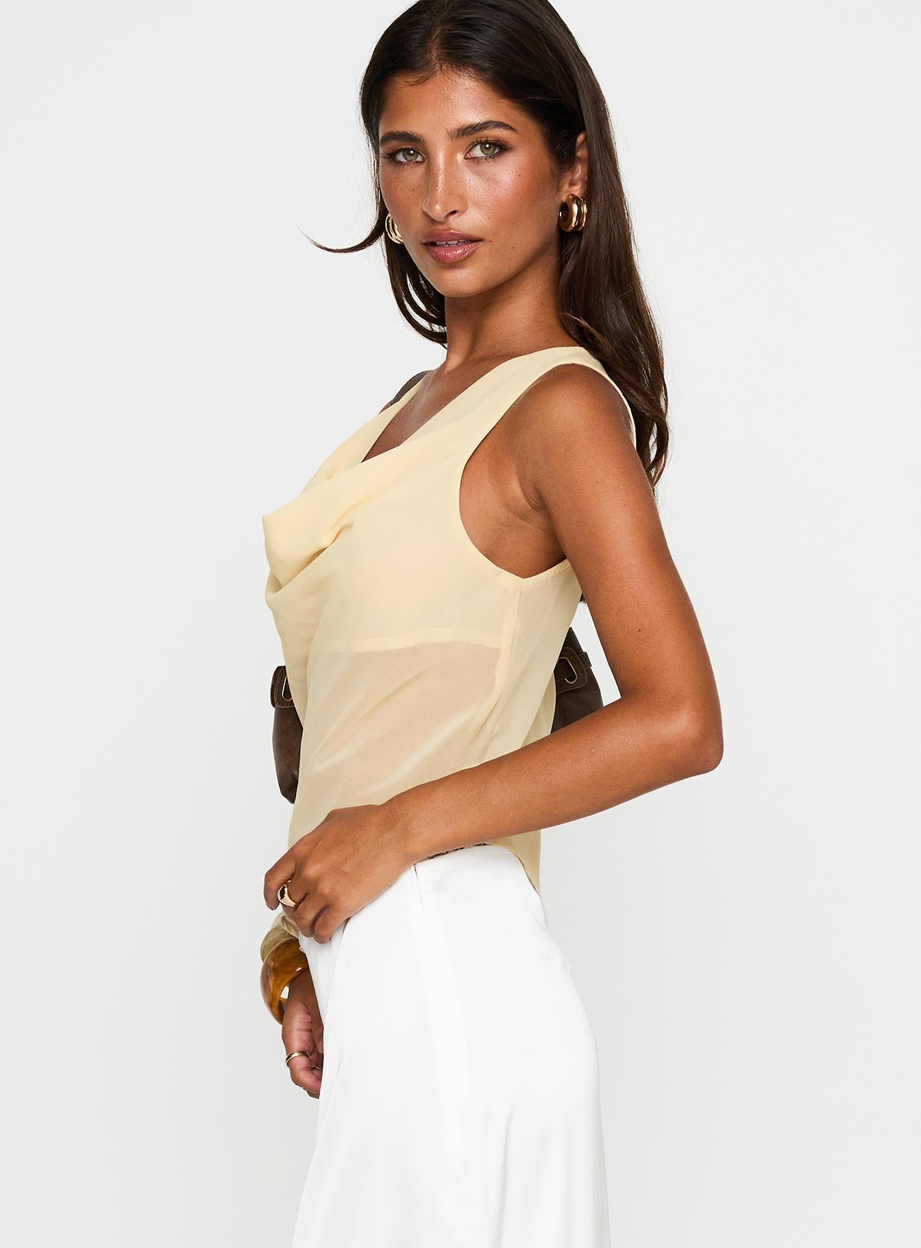 Pretty Little Fears Cowl Neck Top Beige