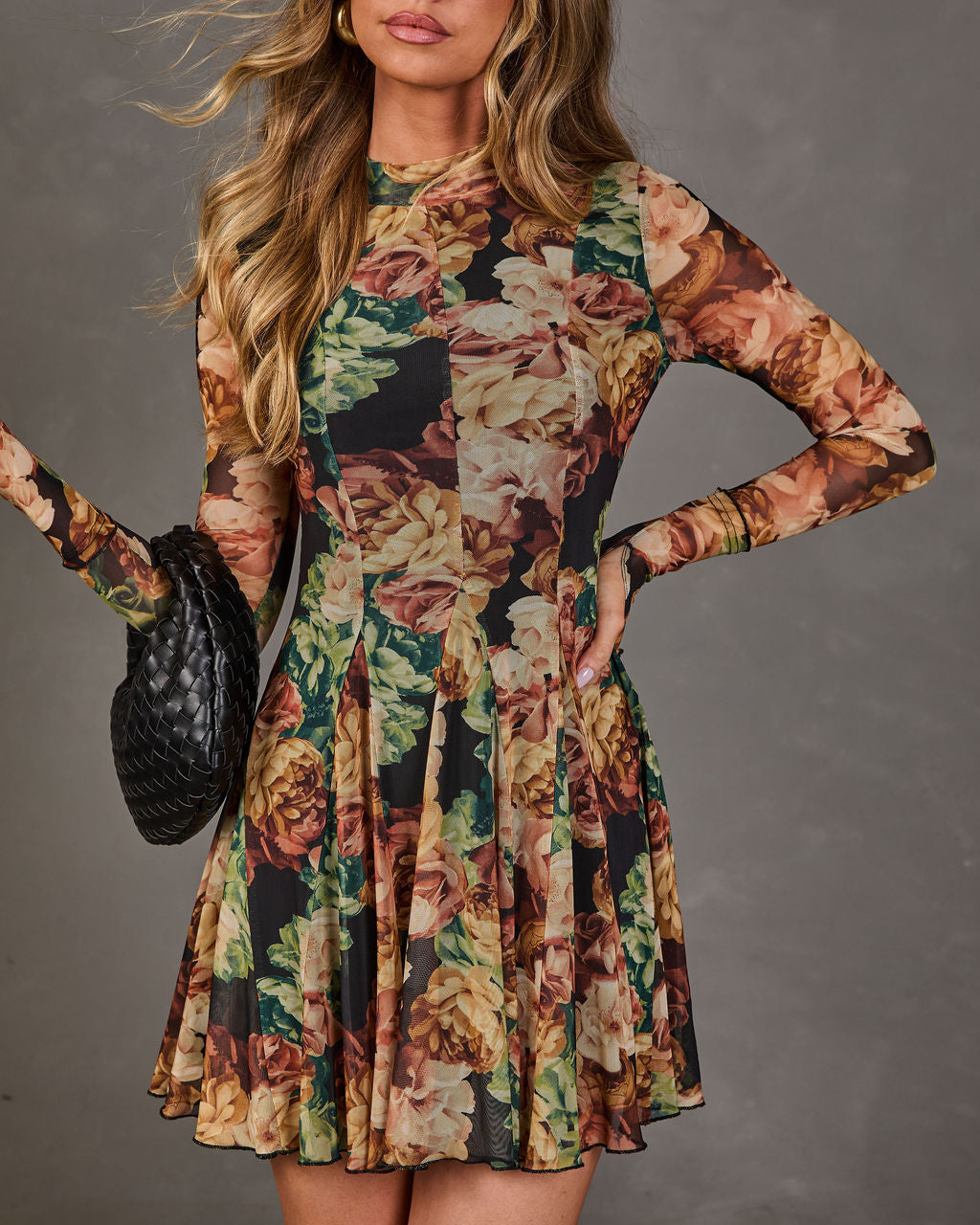 Autumn Whimsy Floral Mesh Mock Neck Mini Dress