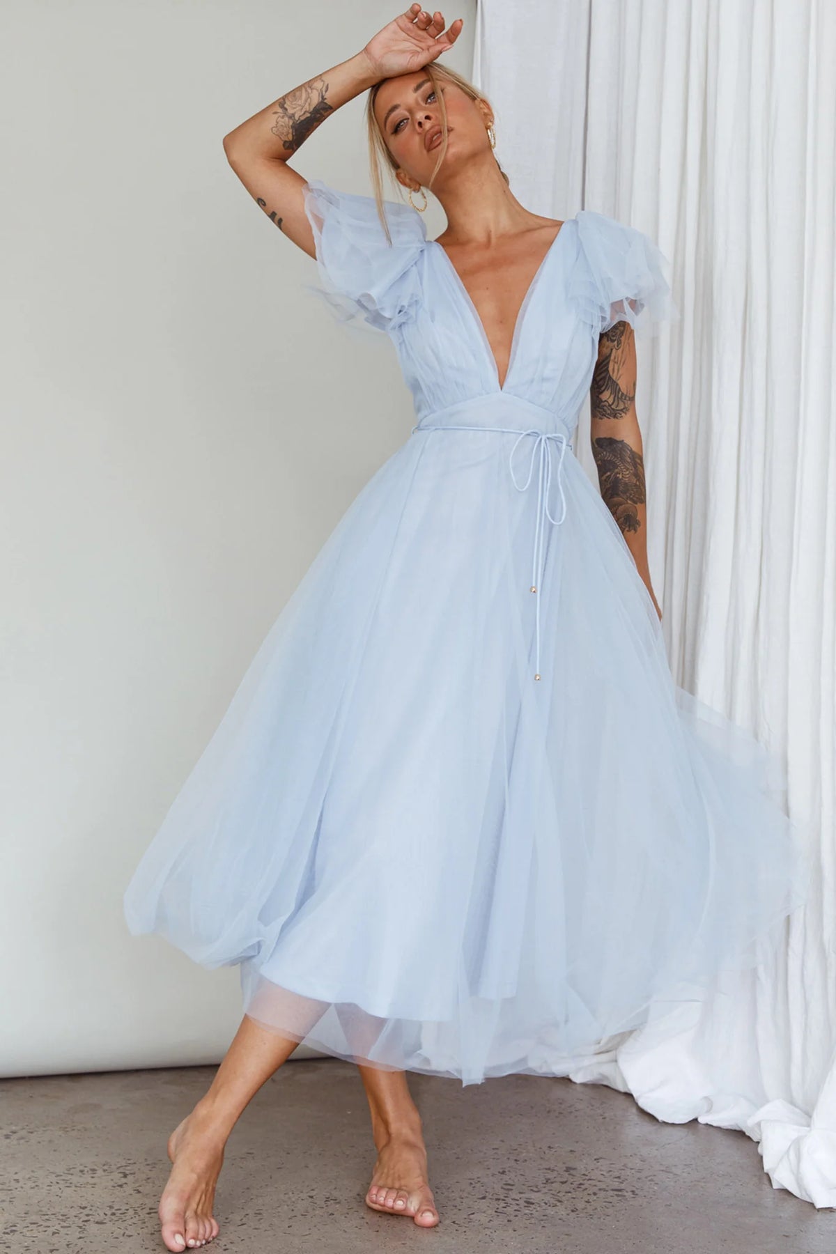 Leap Of Faith Frill Shoulder Tulle Midi Dress Blue