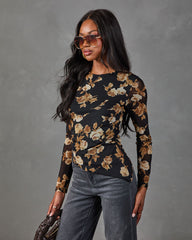 Dusky Garden Mesh Floral Asymmetric Hem Top