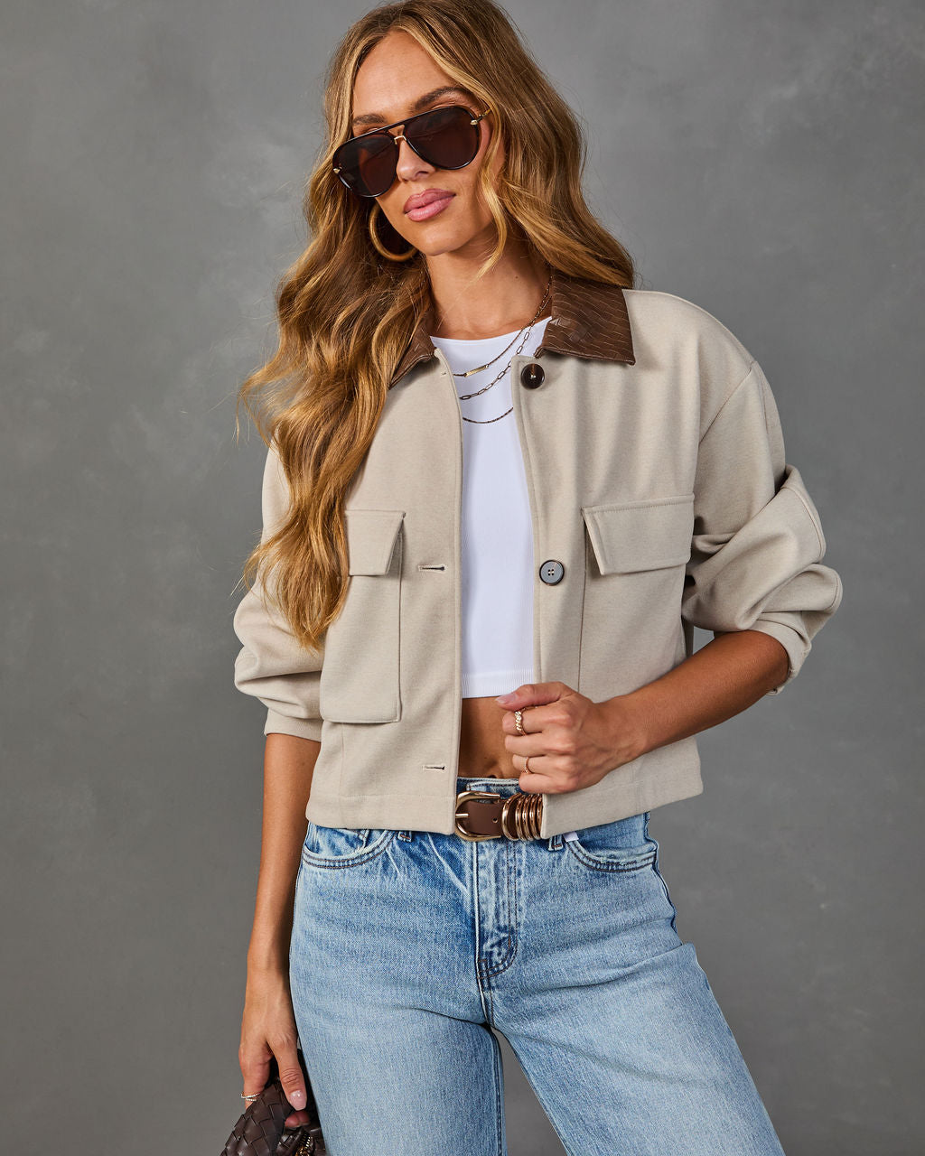 Fall Energy Contrast Vegan Leather Collar Utility Jacket