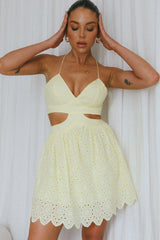 Sloane Eyelet Embroidery Cut-Out Mini Dress Lemon