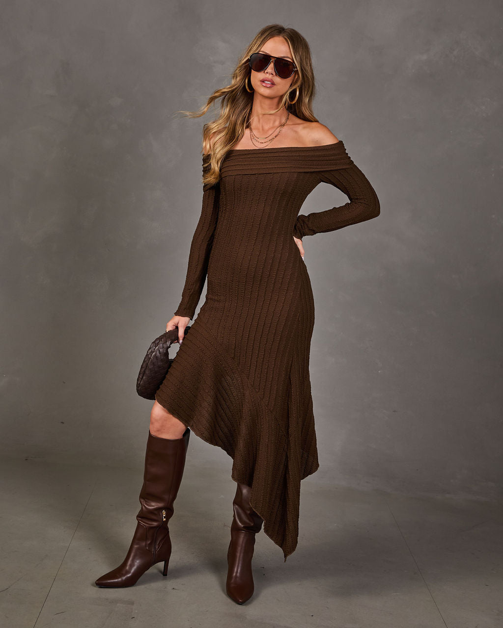 Abby Knit Lace Off the Shoulder High Low Midi Dress