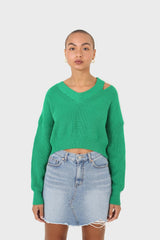 Green side neck slit V-neck jumper