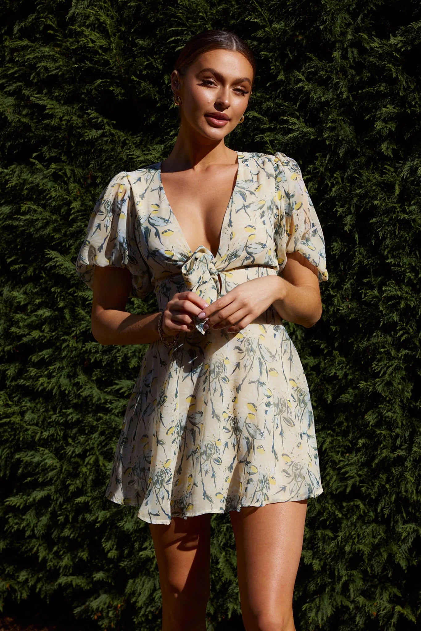 Madison Bow Tie Bust Puff Sleeve Dress Floral Green