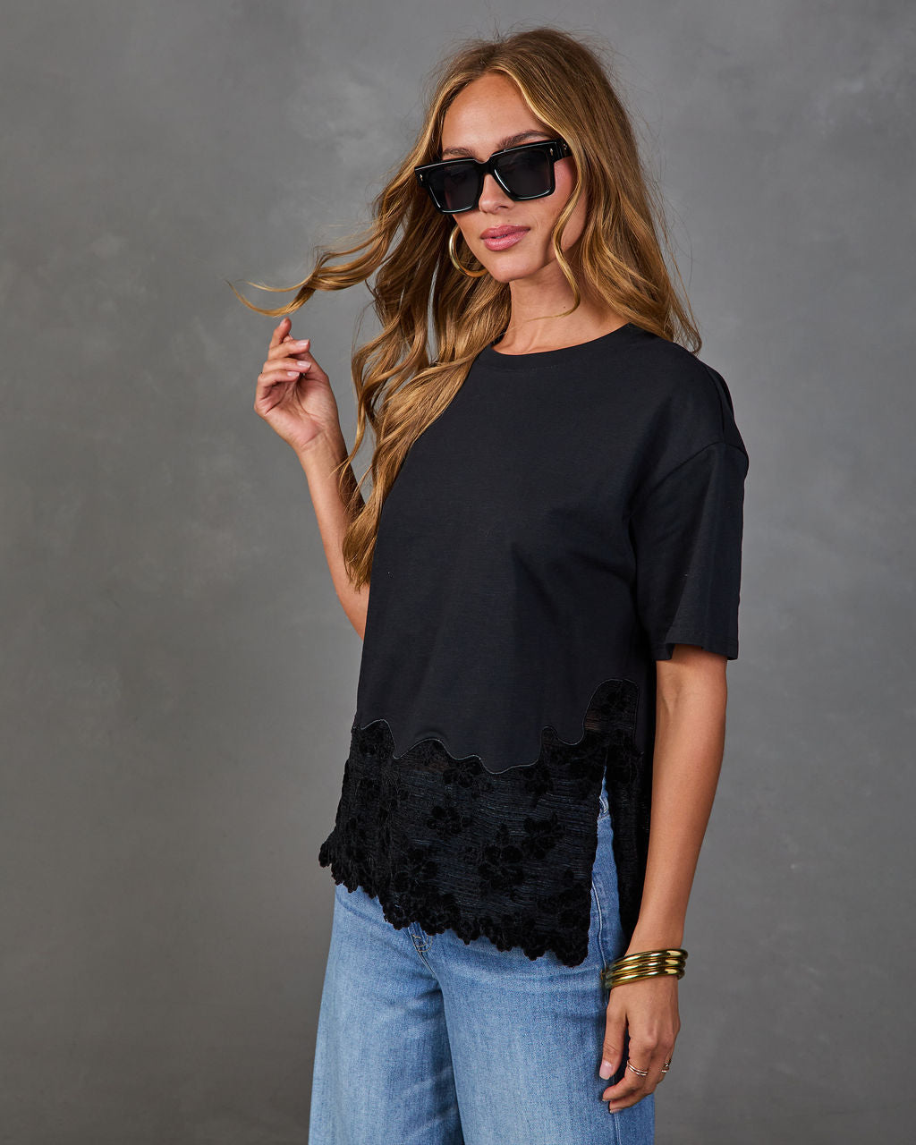 Shawna Cotton Flocked Floral Lace Hem Top