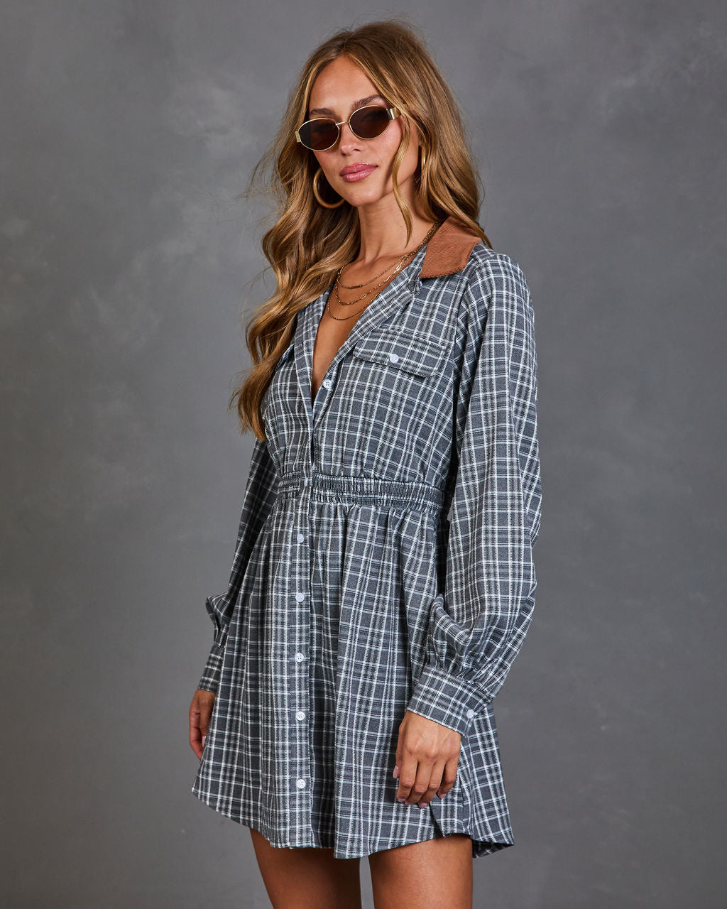 Charlotte Contrast Corduroy Collar Plaid Mini Dress