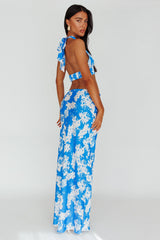 Manila Satin Maxi Skirt Blue Floral