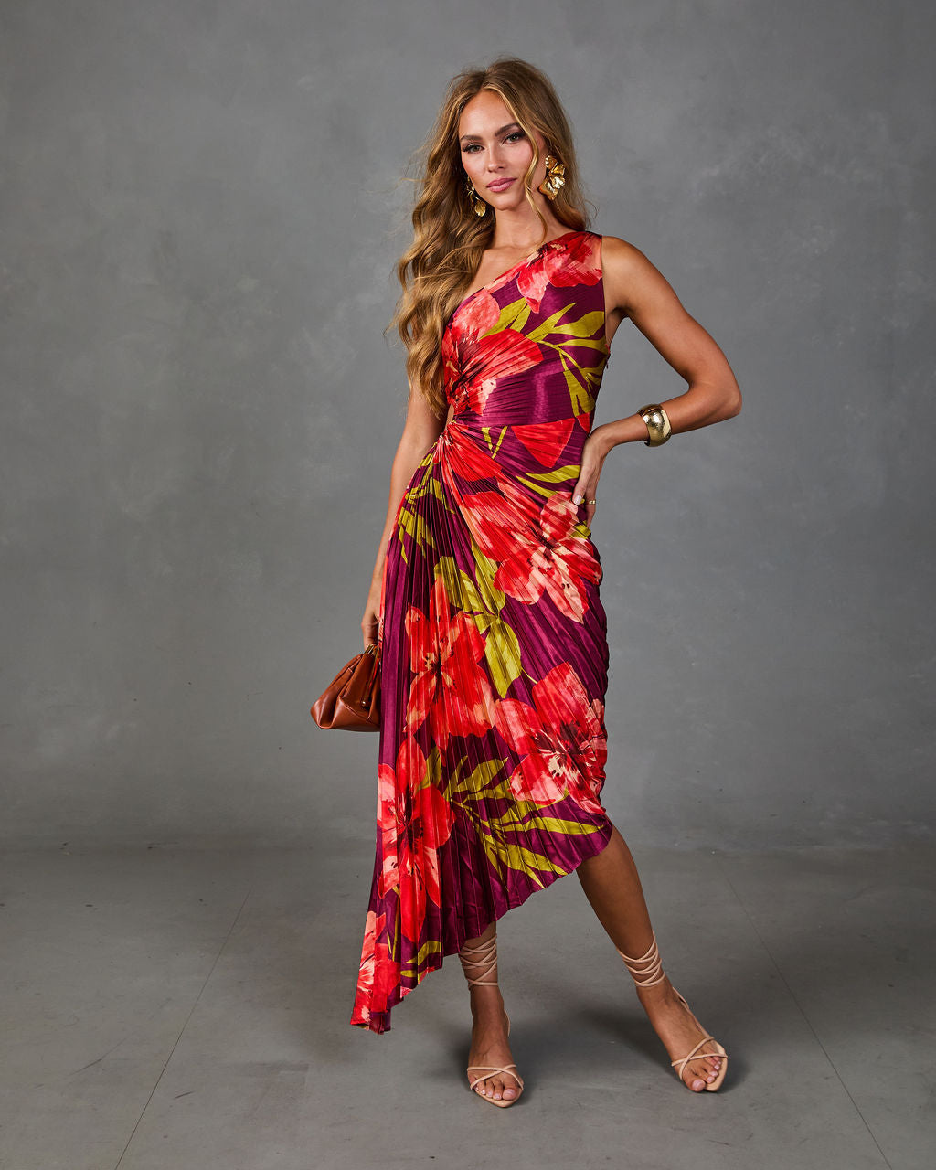 Modern Day Glam Printed One Shoulder Asymmetrical Maxi Dress