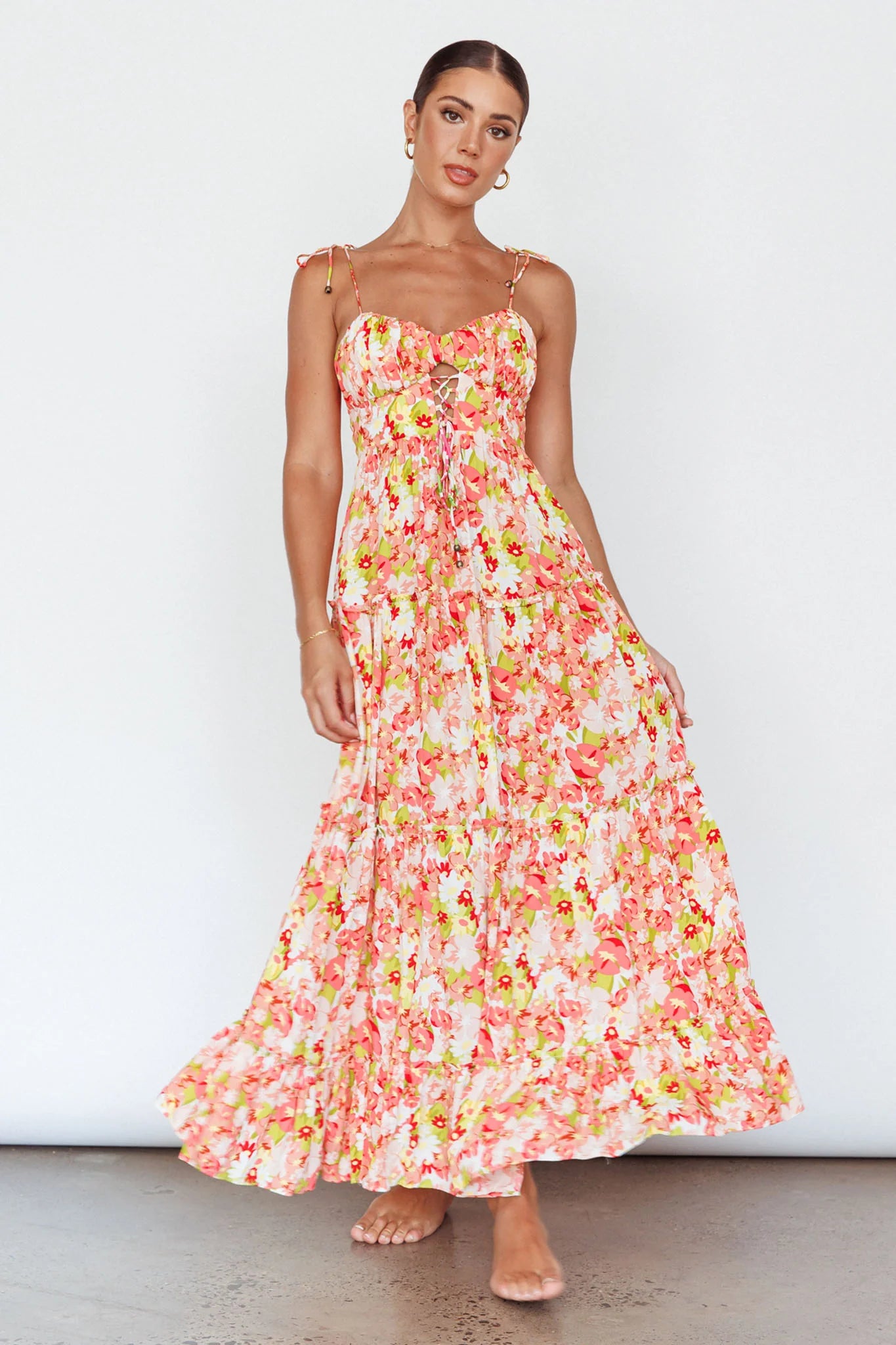 Kinlee Lace-Up Bodice Maxi Dress Floral Pink