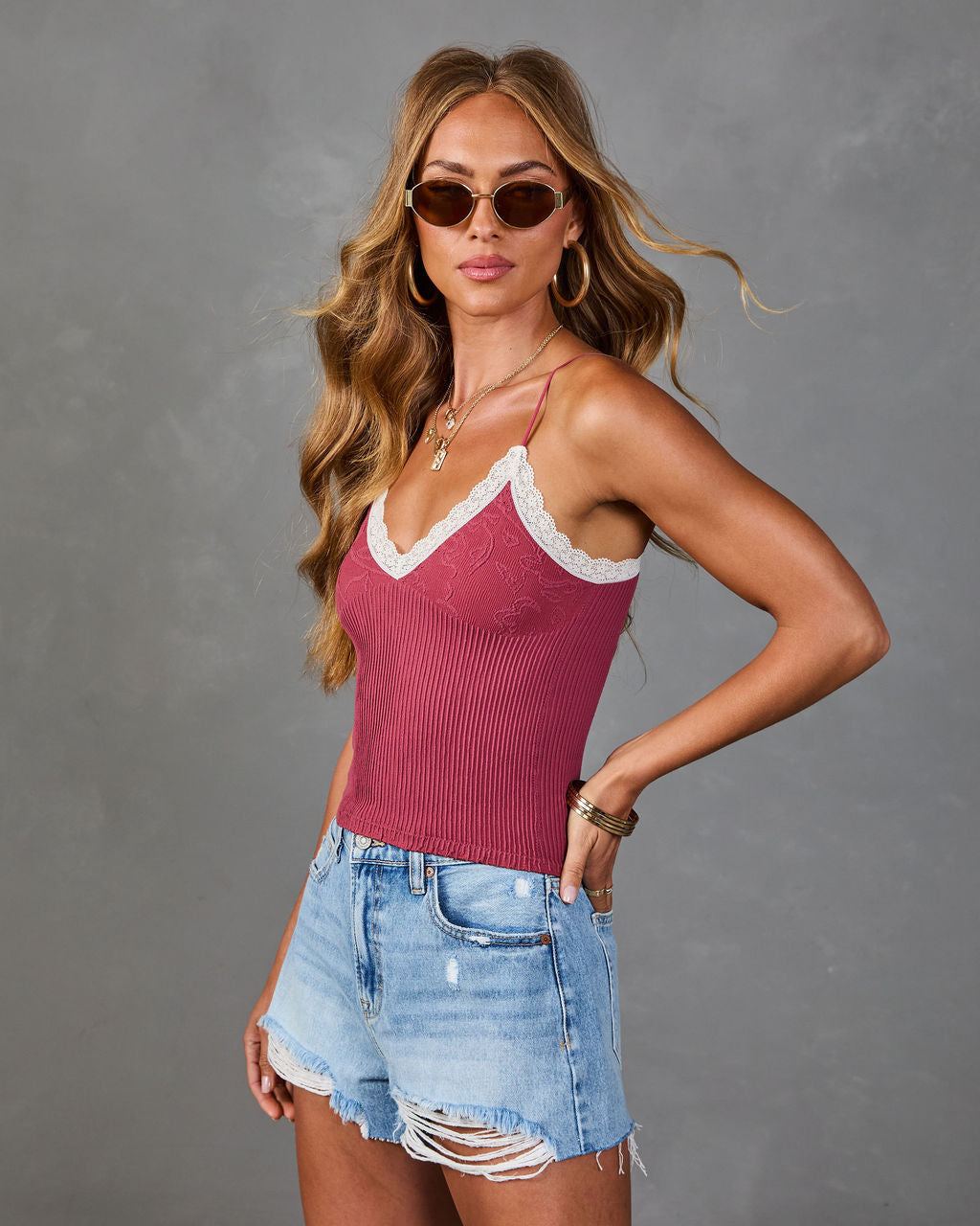 Painted Bloom Seamless Ribbed Lace Trim Cami