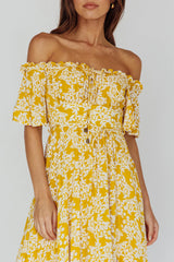 Voyager Off-Shoulder Bell Sleeve Midi Dress Floral Yellow