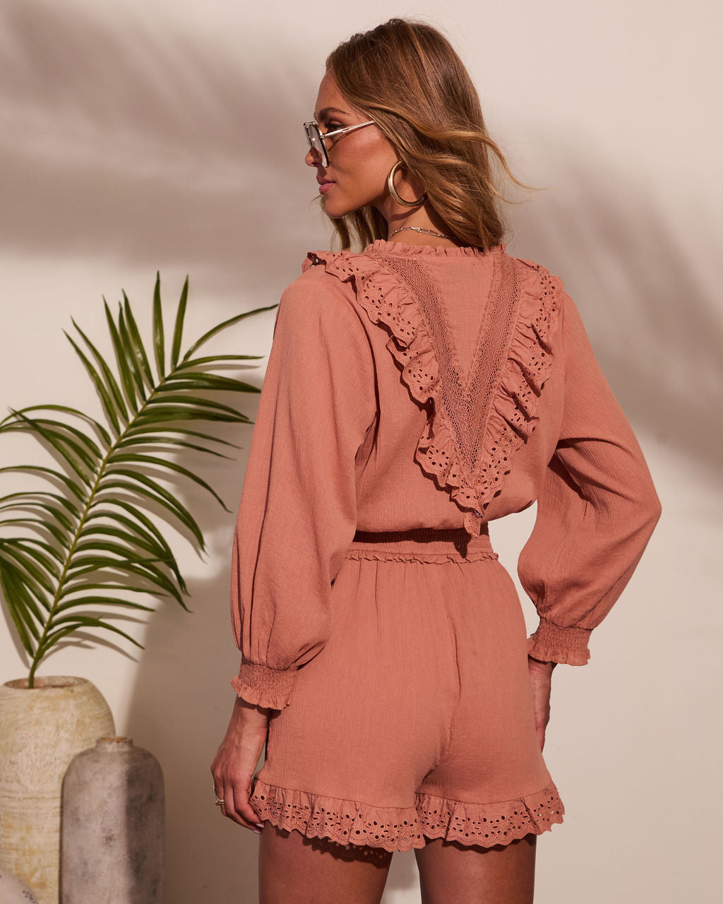 Soft Dusk Ruffle Cotton Eyelet Lace Trim Romper