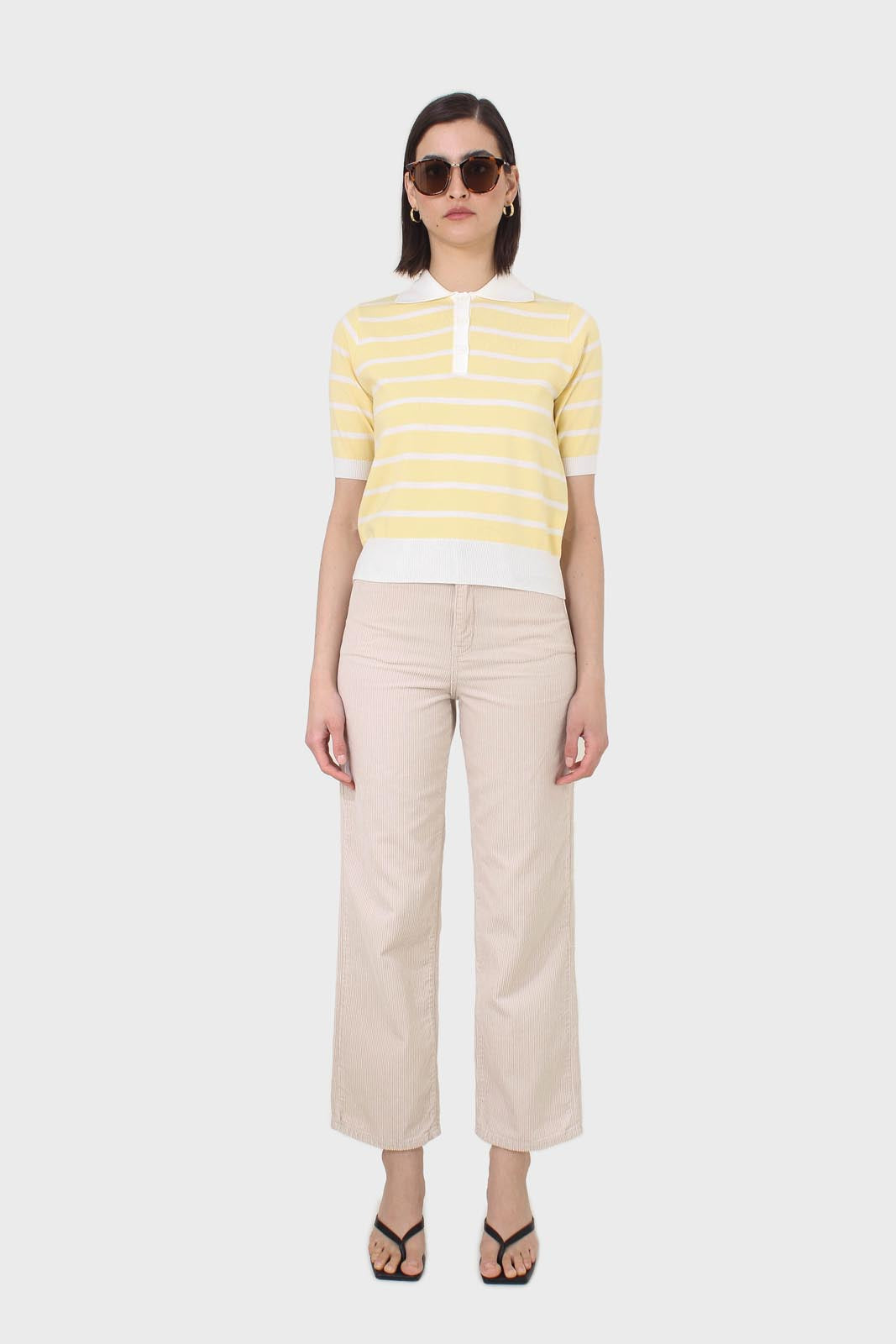 Yellow striped polo knit top