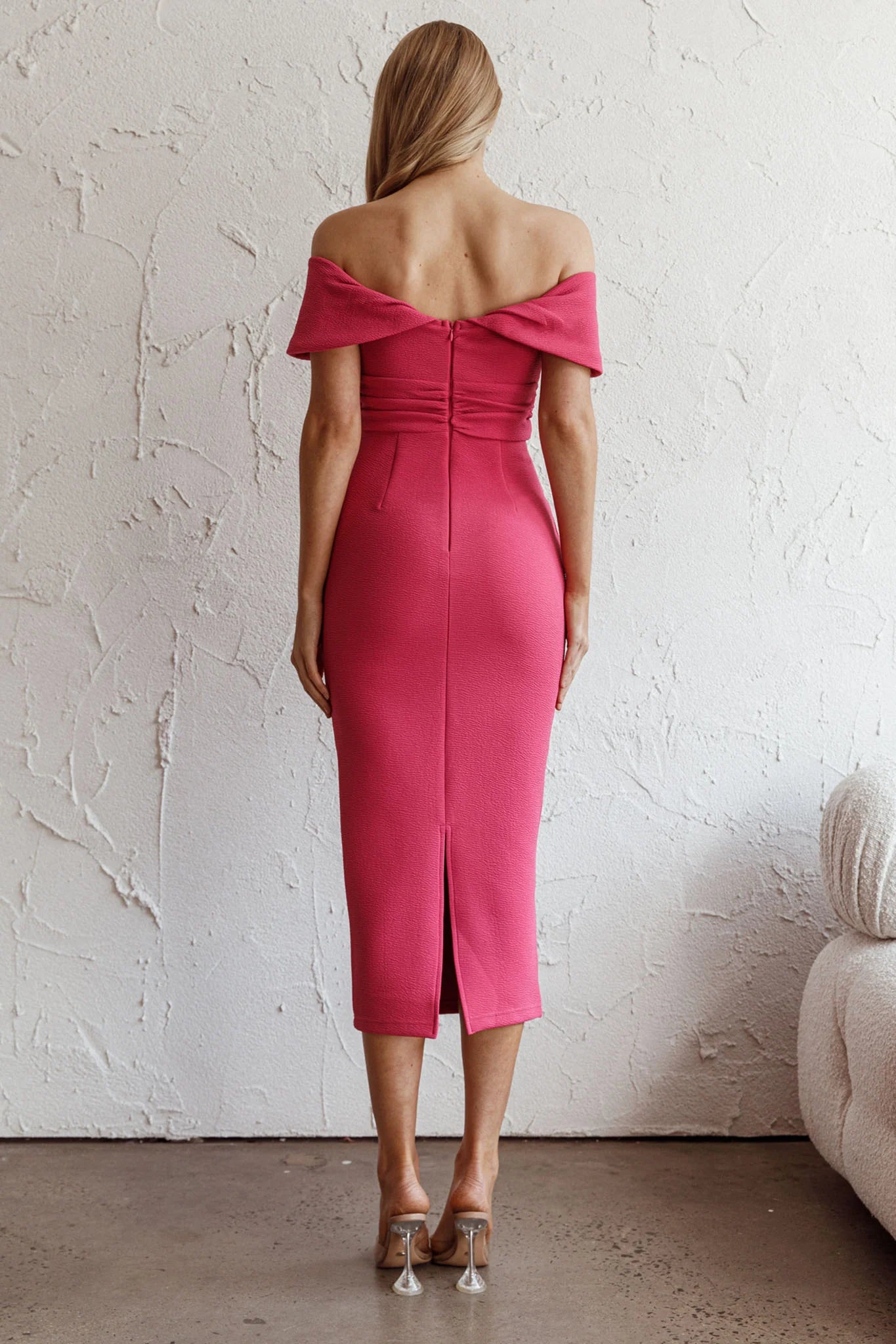 Lillianne Off-Shoulder Midi Dress Fuchsia