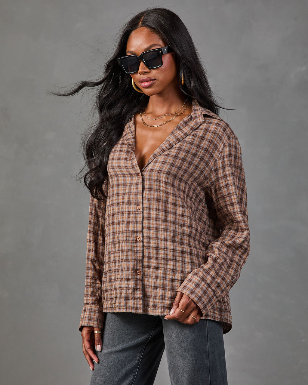 Neminah Cotton Plaid Button Down Top