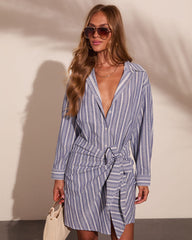 Harbor Walk Striped Wrap Tie Mini Shirt Dress