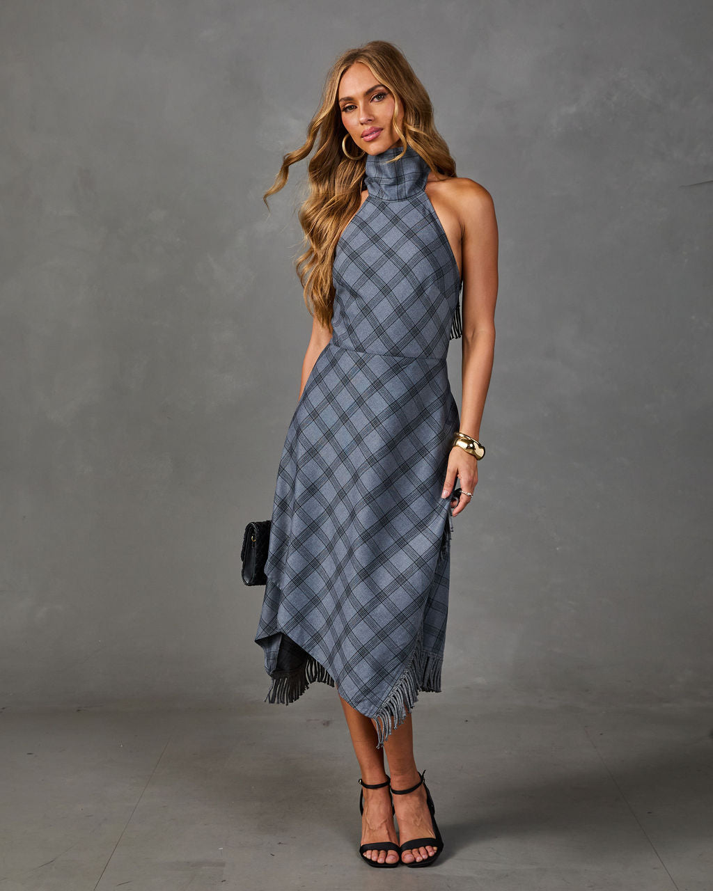 Raylan Plaid High Low Mock Neck Midi Dress