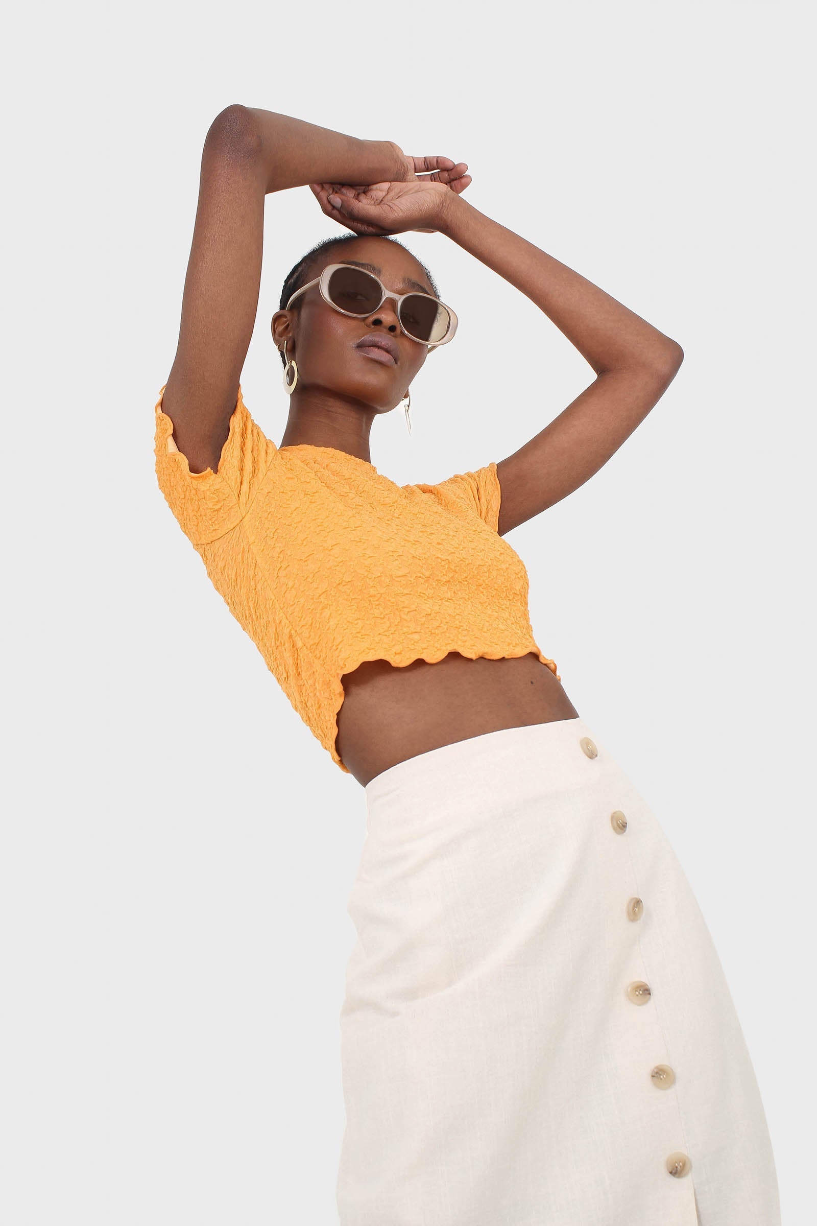 Orange shirring crew neck tee