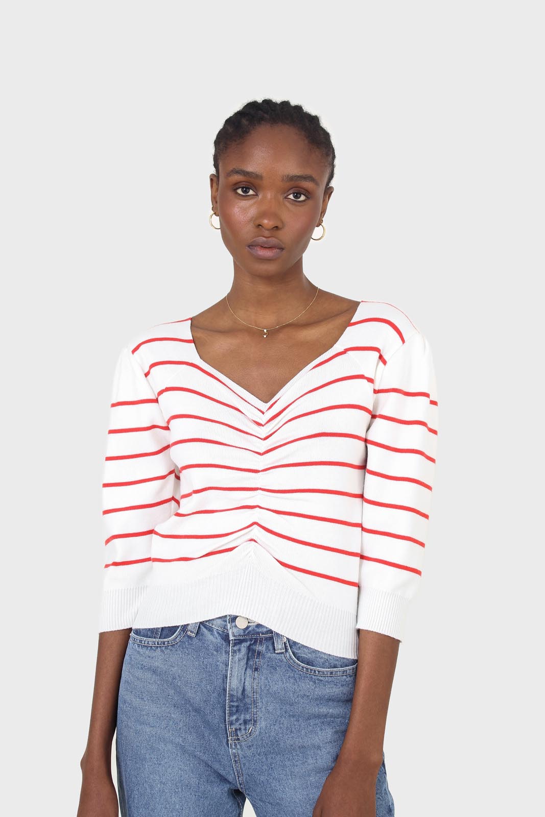 Ivory and red striped ruched front top