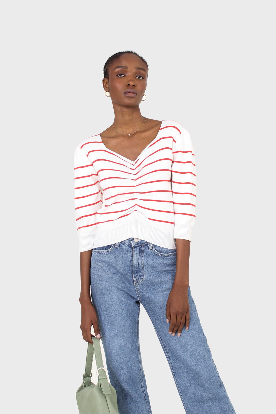 Ivory and red striped ruched front top