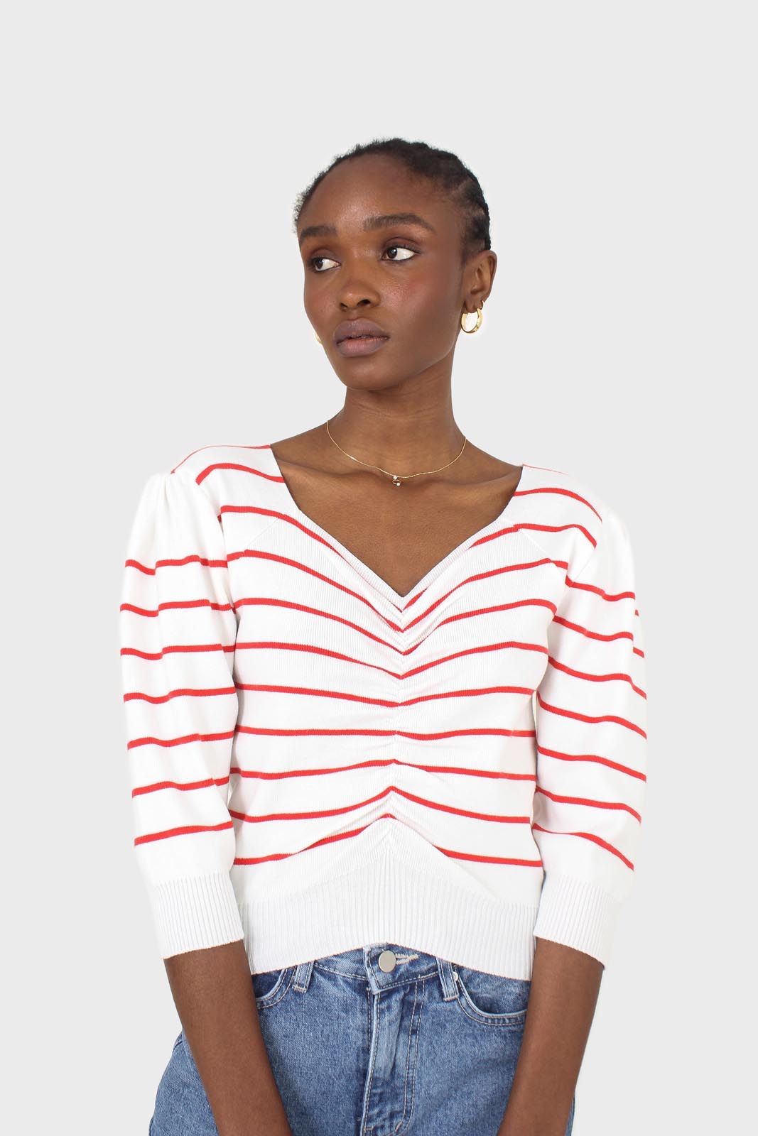 Ivory and red striped ruched front top