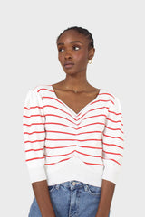 Ivory and red striped ruched front top