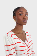 Ivory and red striped ruched front top