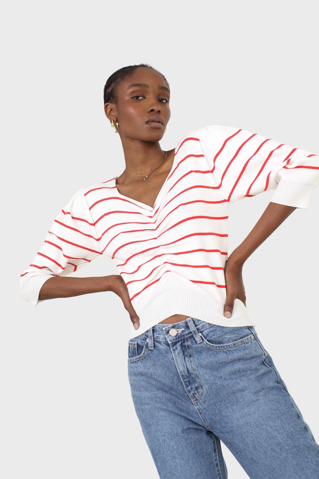 Ivory and red striped ruched front top