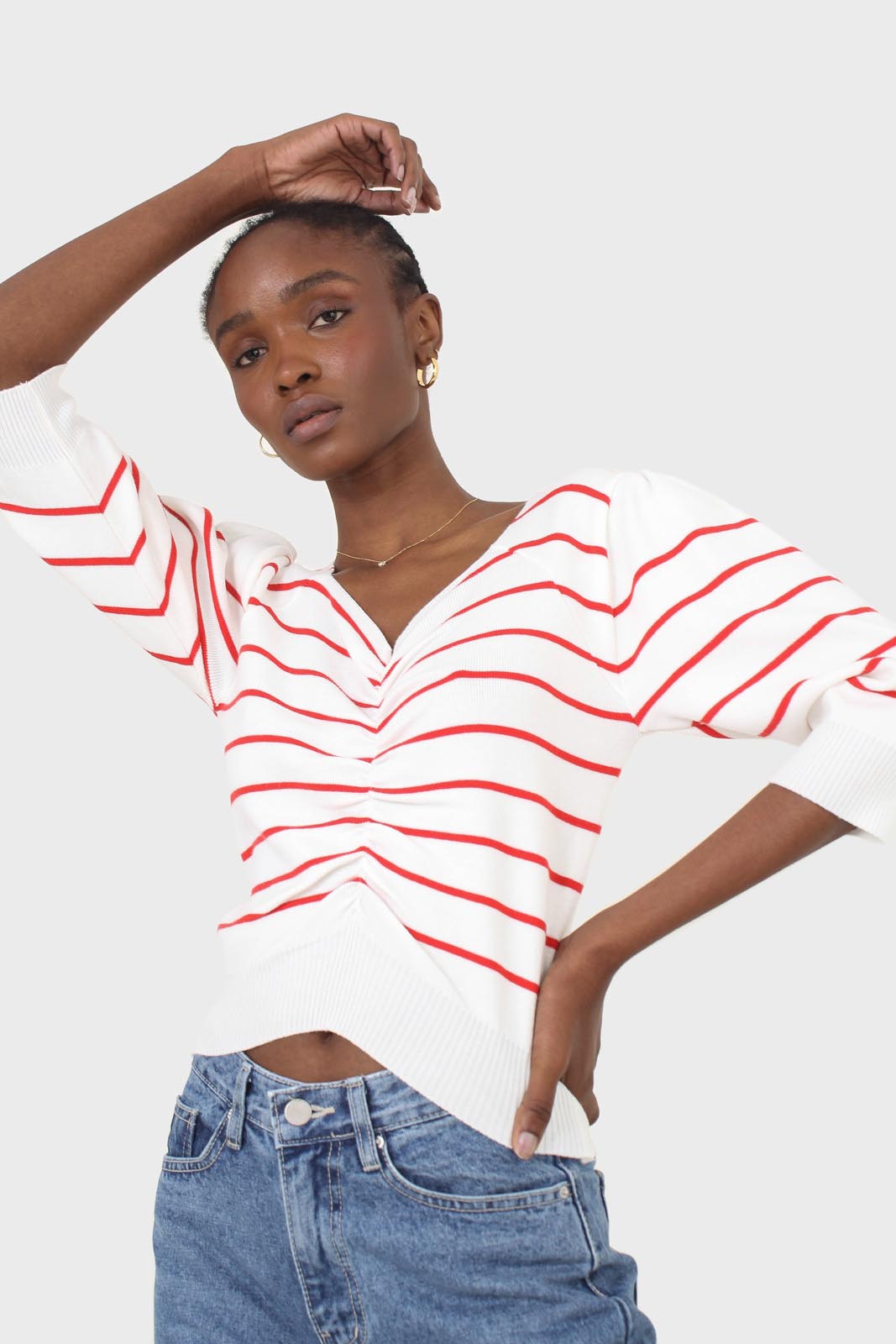 Ivory and red striped ruched front top