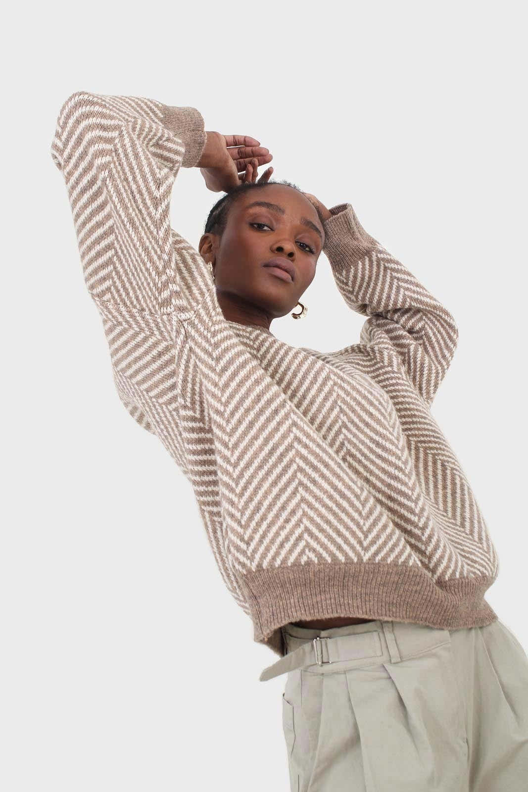 Brown and ivory herringbone jumper