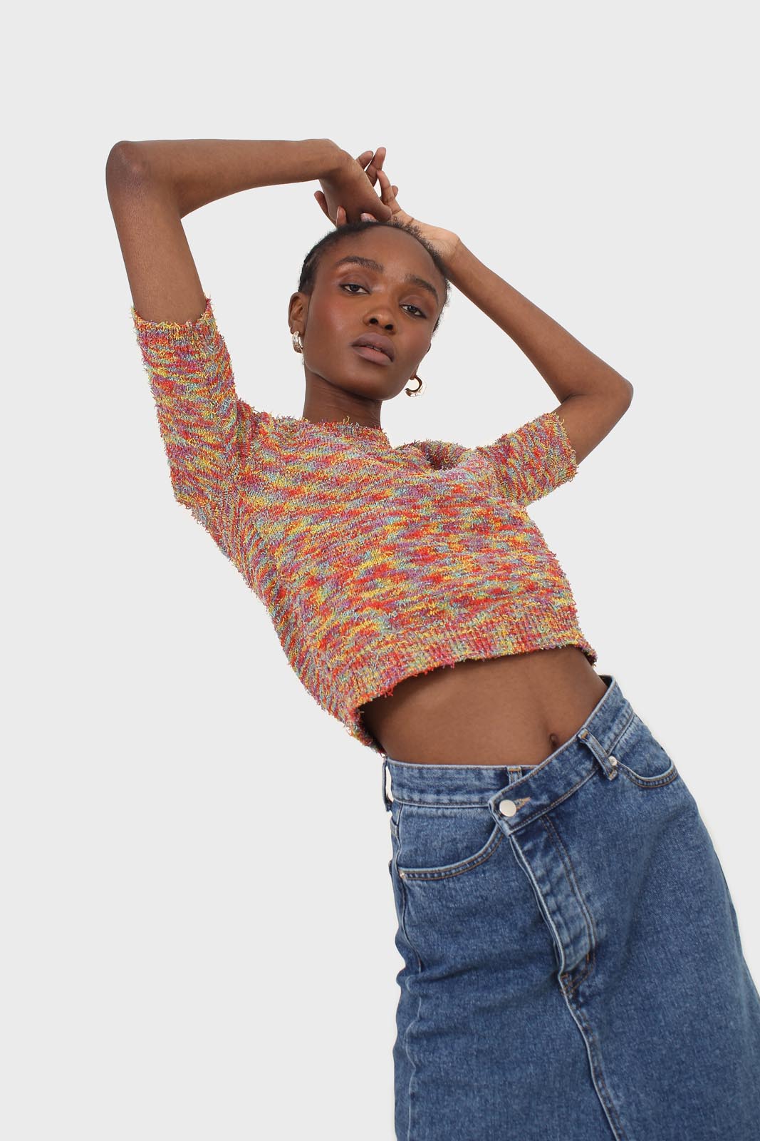 Red rainbow intarsia knit tee