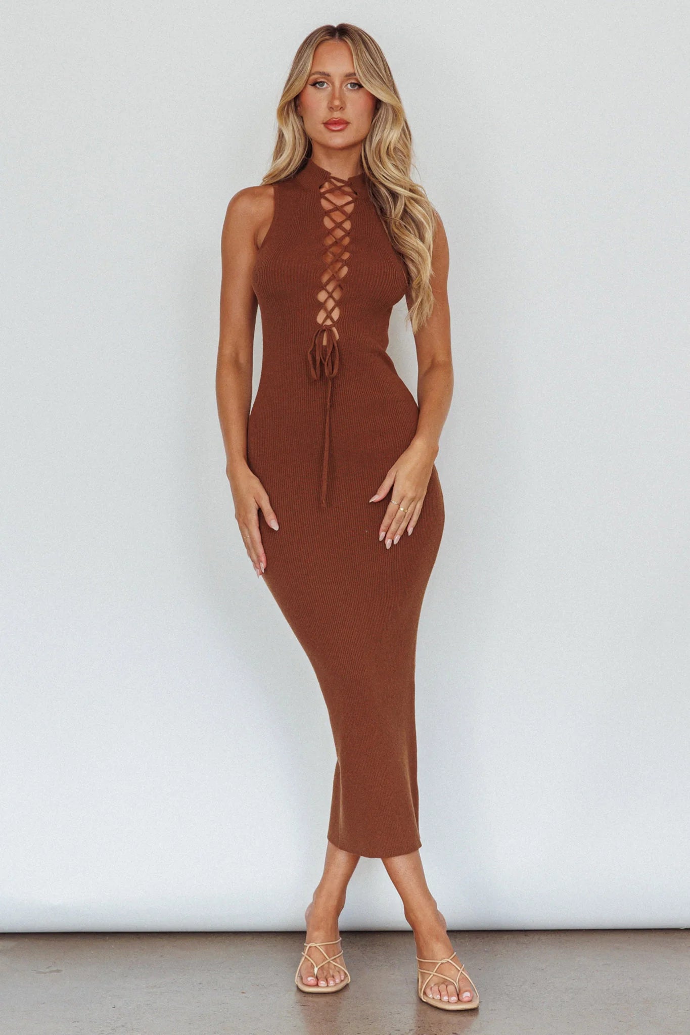 Brand New Day Lace-Up Bust Knit Midi Dress Chocolate