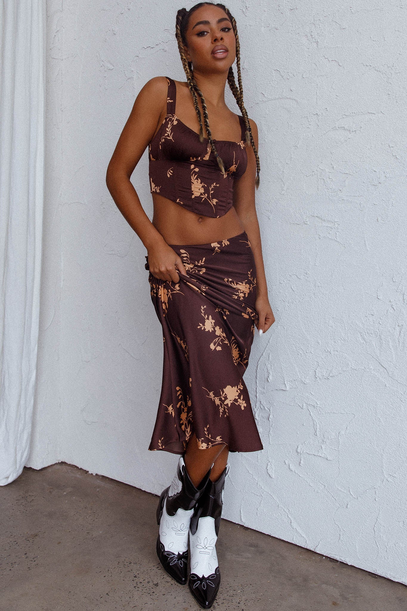 Hara Slip Midi Skirt Floral Brown