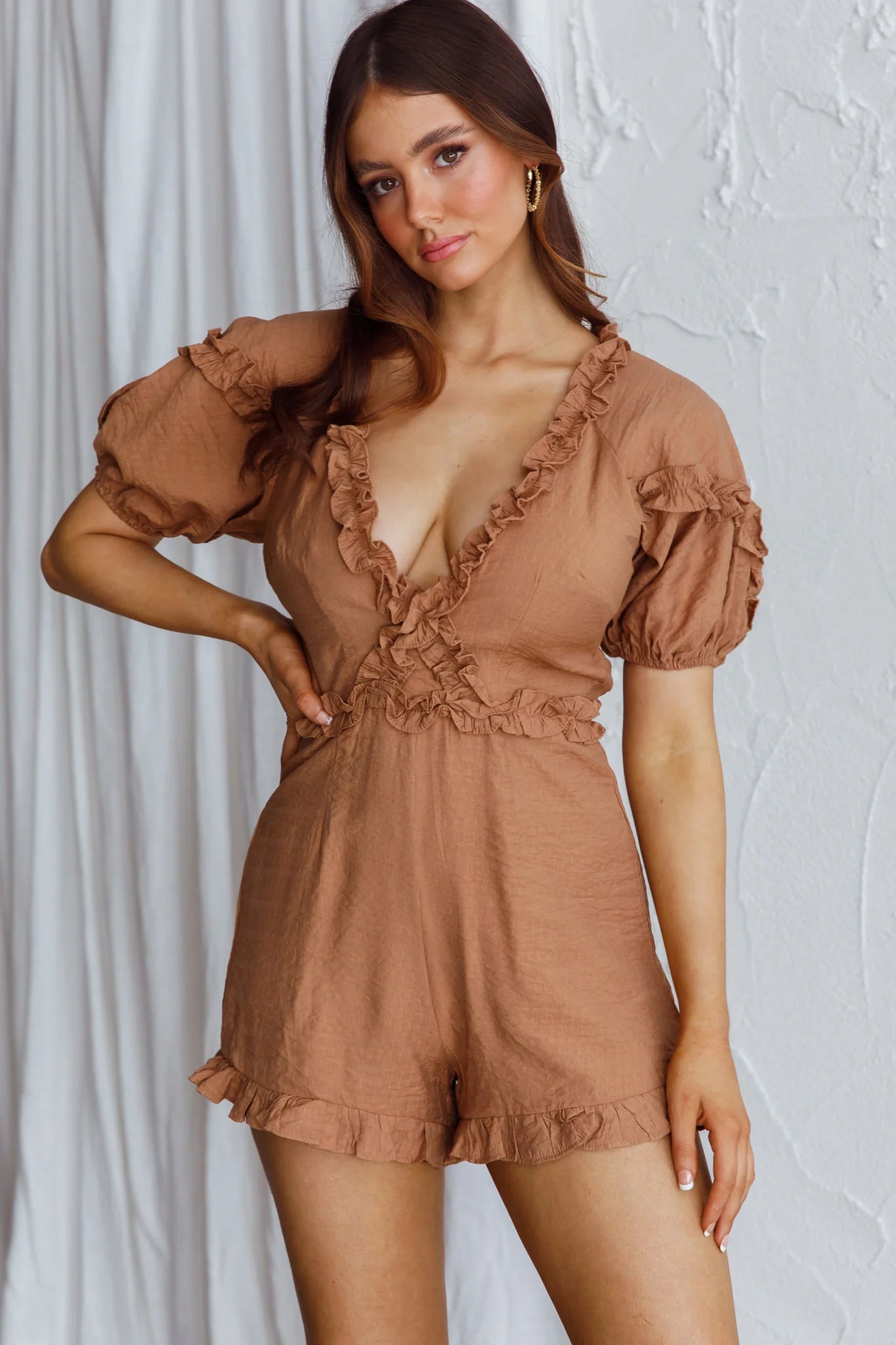 Galatia Frill Trim Puff Sleeve Romper Tan