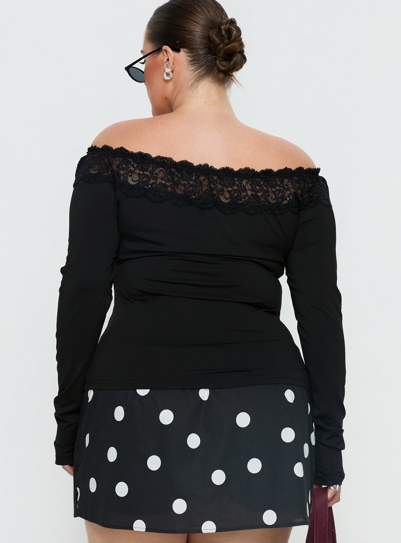 Breiann Lace Off Shoulder Long Sleeve Top Black Curve