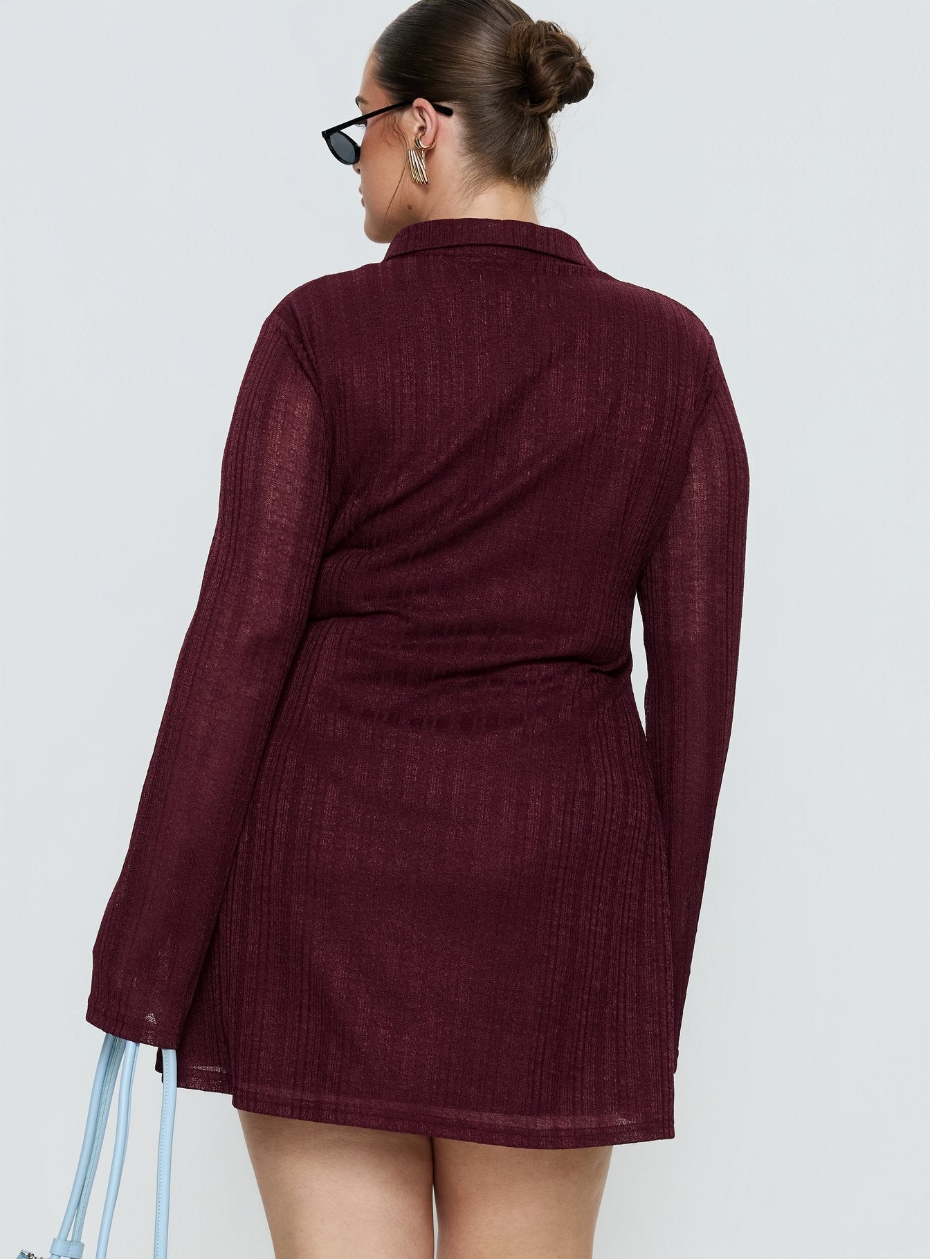 When You Sleep Long Sleeve Mini Dress Wine Curve