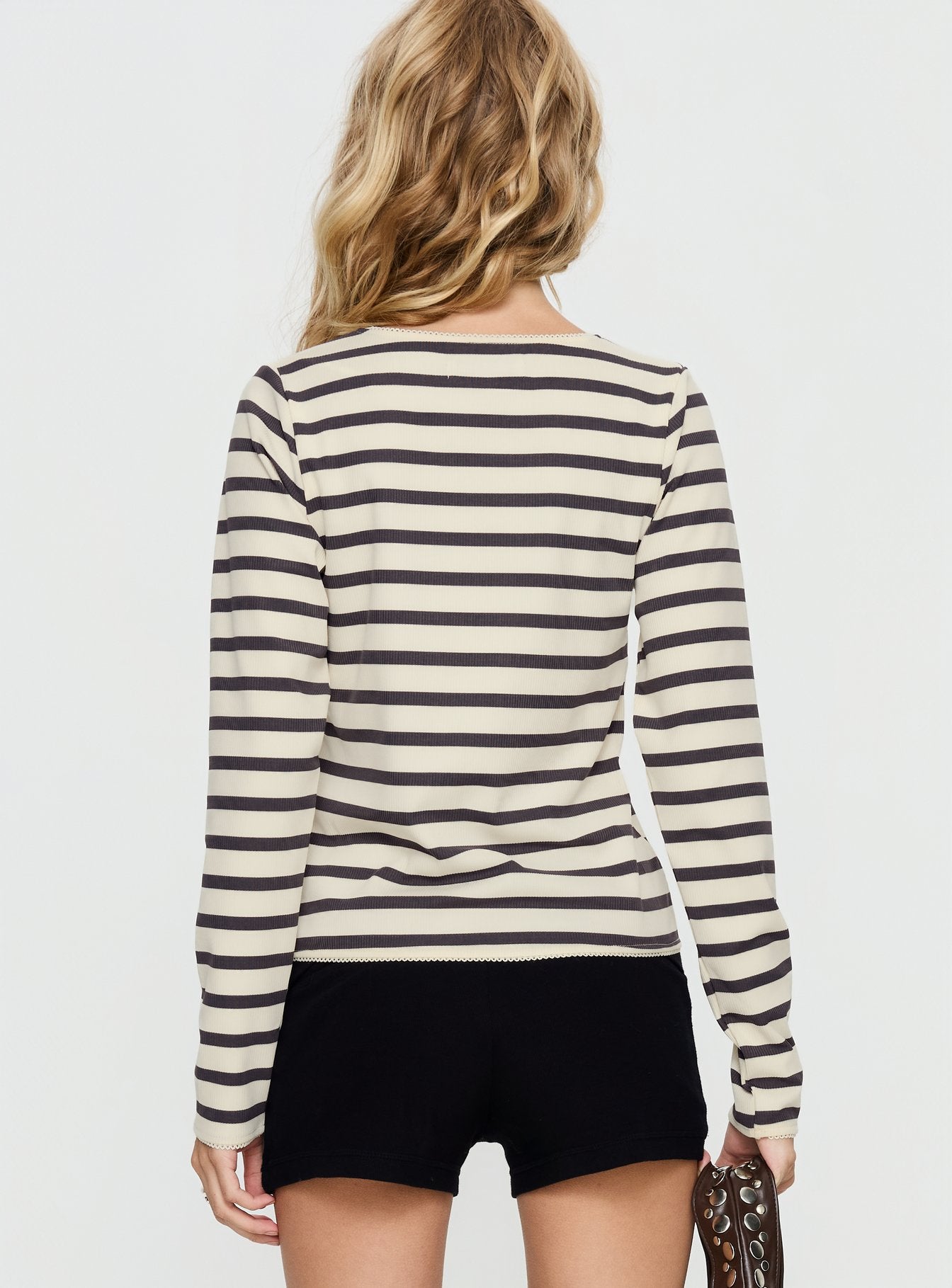 Marvella Button Up Long sleeve Top Dark Grey / Cream Stripe