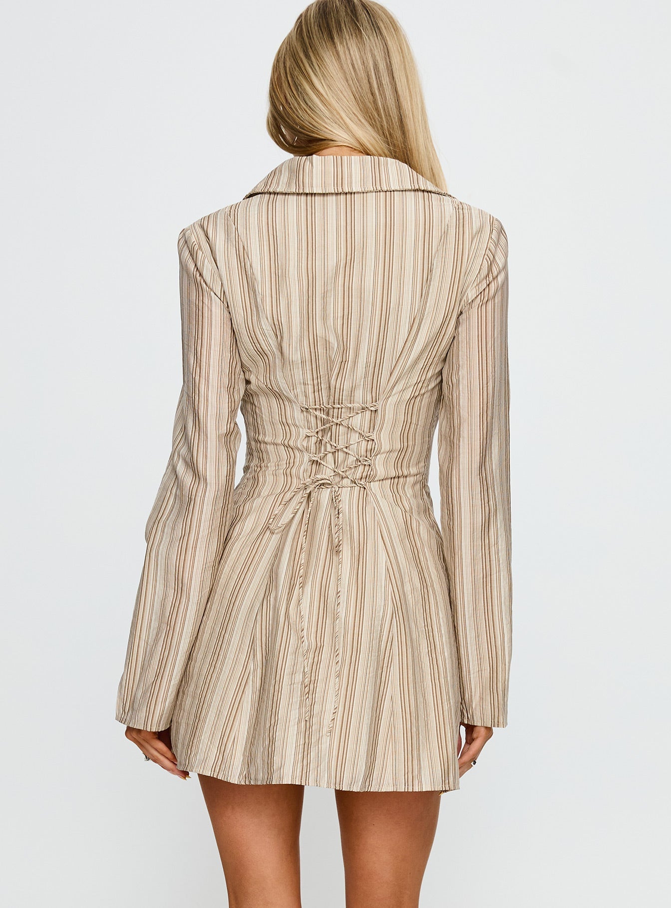 In Your Arms Long Sleeve Tie Back Mini Dress Brown Stripe