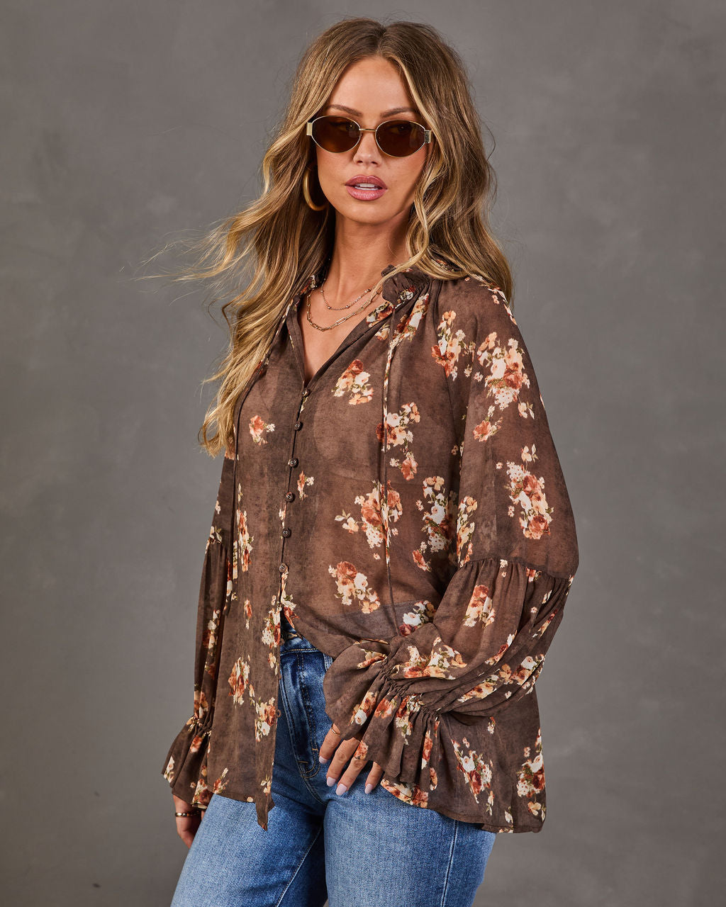 Seasons Story Floral Chiffon Mock Neck Blouse