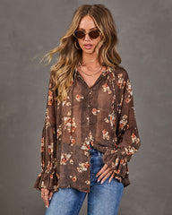Seasons Story Floral Chiffon Mock Neck Blouse