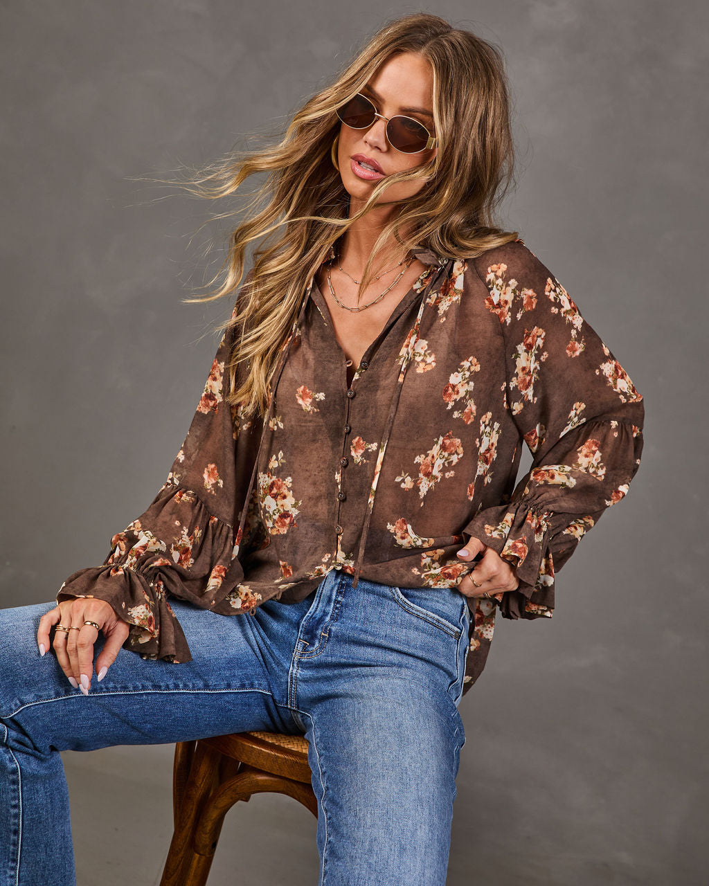 Seasons Story Floral Chiffon Mock Neck Blouse