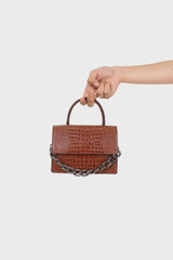 Brown croc skin rectangle thick chain handbag