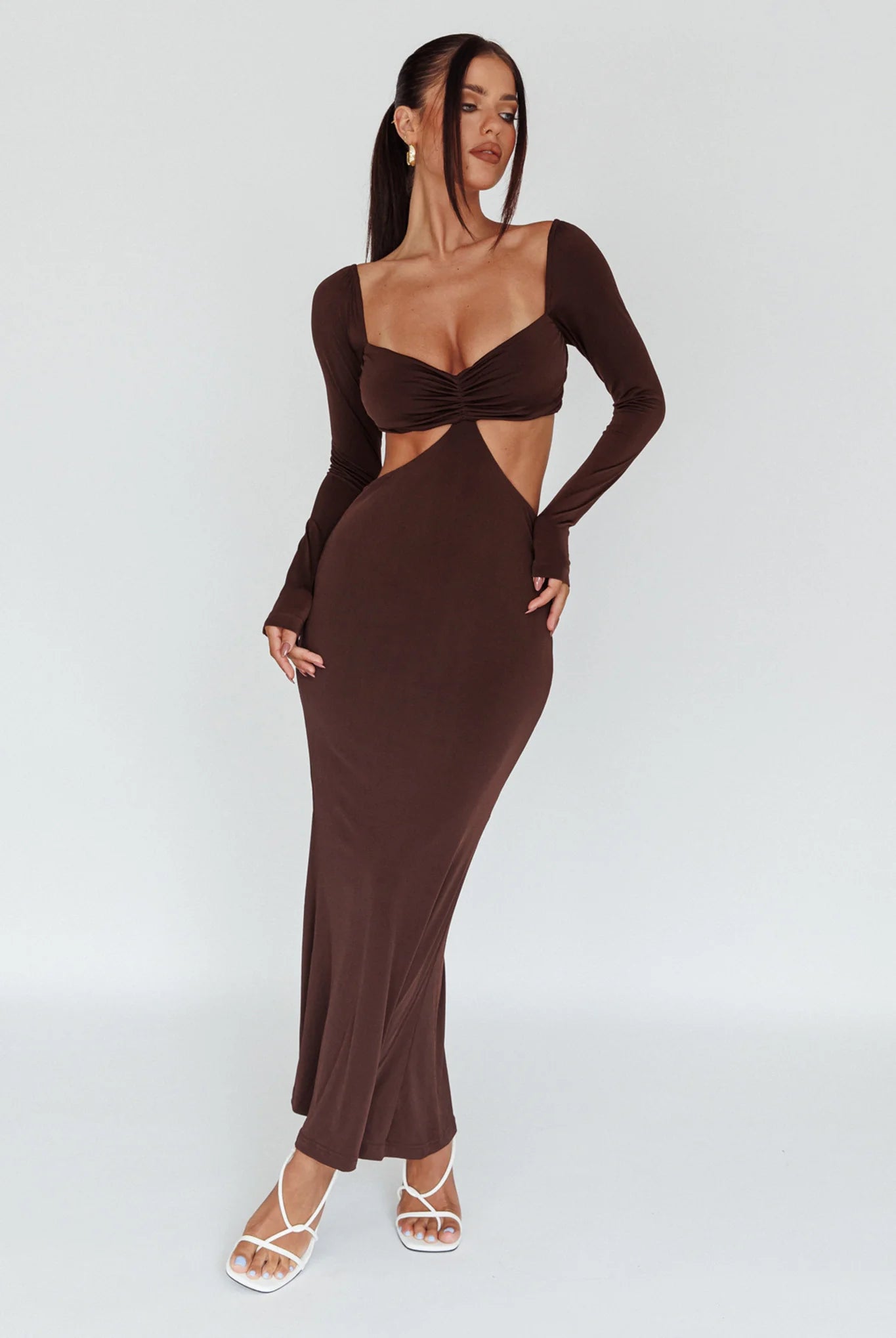 Vienna Long Sleeve Cut-Out Waist Maxi Dress Chocolate